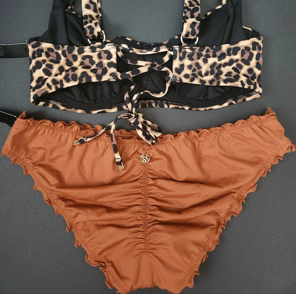 36D/L VS Swim Full Coverage Bikini Top Ruffle Cheeky Bikini Set Leopard